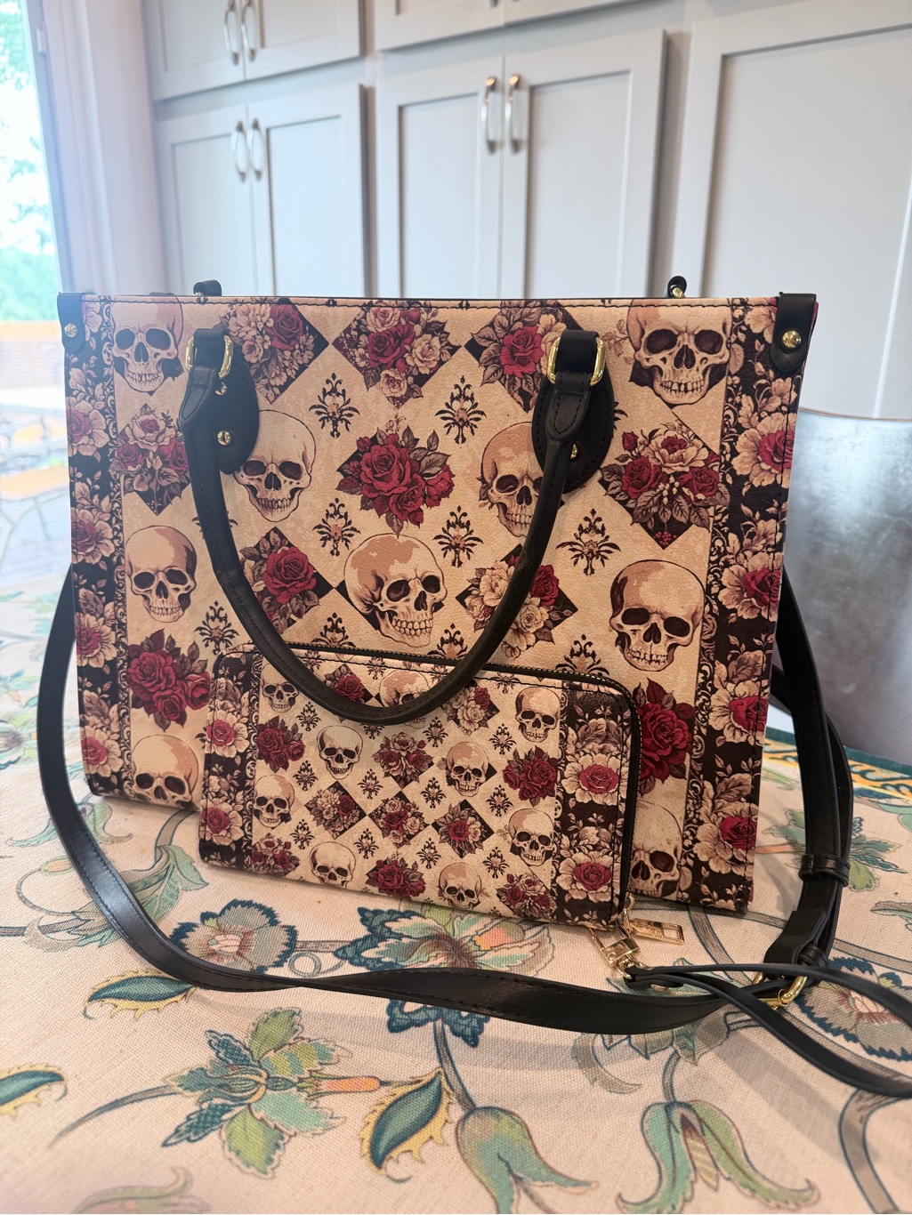 Skull & Rose Pattern Tote Bag And Wallet